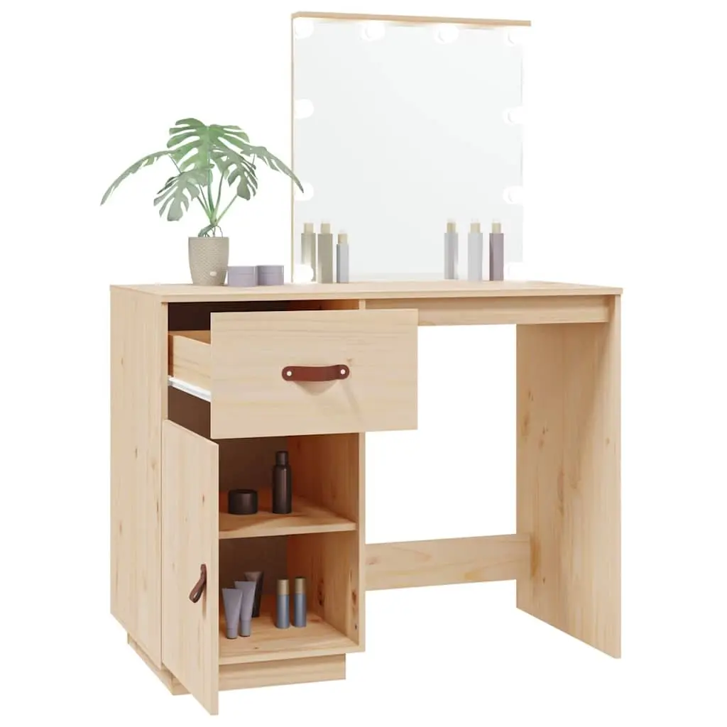 Dressing Table Makeup Vanity Desk with LED Mirror Brown Solid Pine Wood