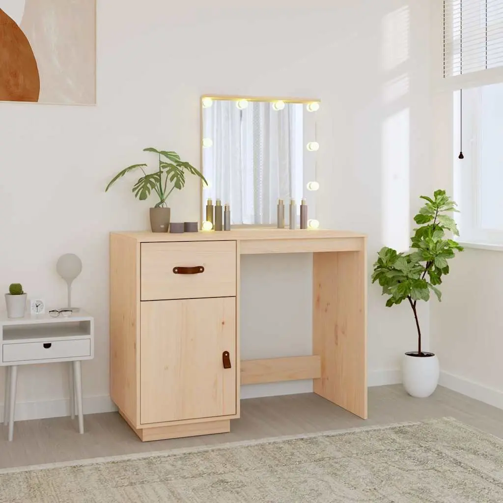 Dressing Table Makeup Vanity Desk with LED Mirror Brown Solid Pine Wood