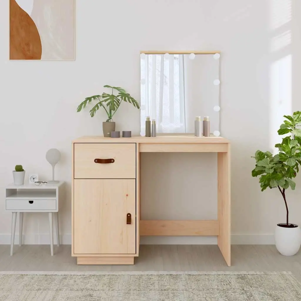 Dressing Table Makeup Vanity Desk with LED Mirror Brown Solid Pine Wood