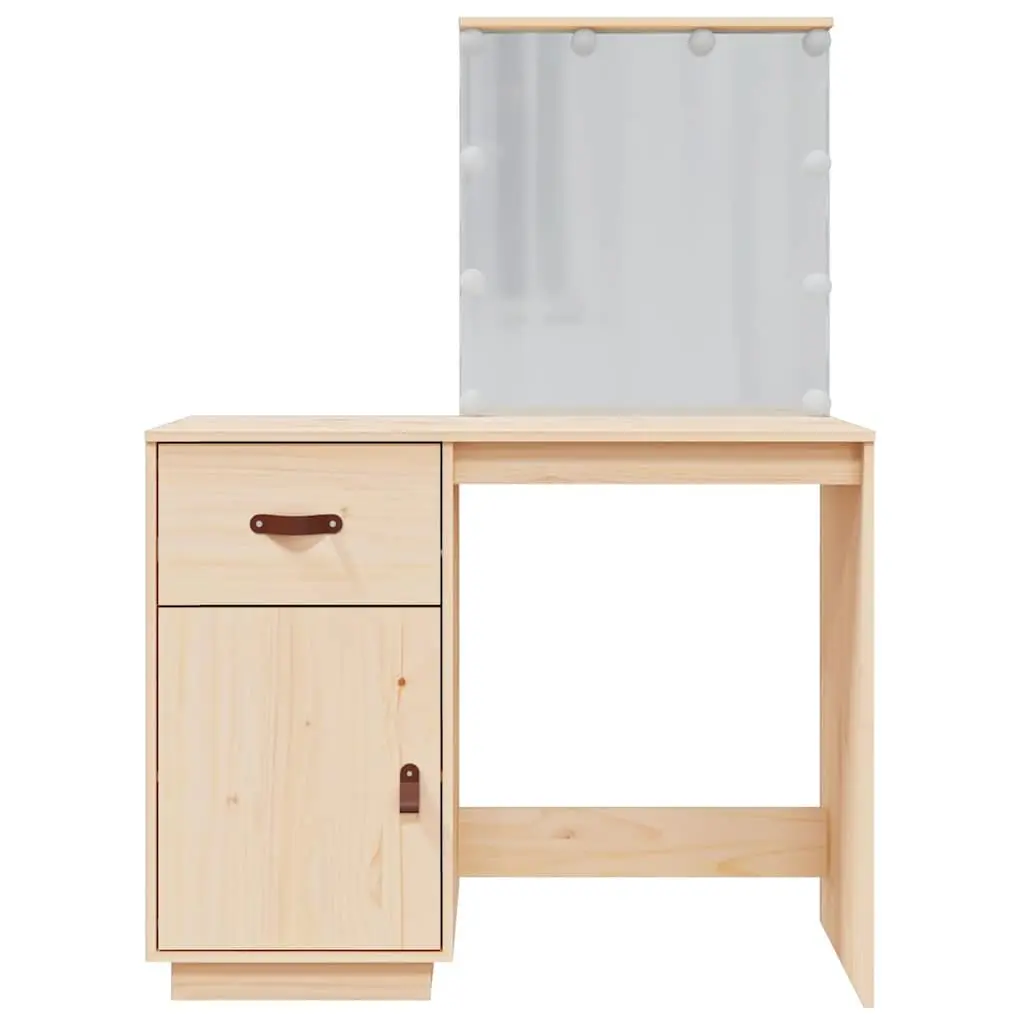 Dressing Table Makeup Vanity Desk with LED Mirror Brown Solid Pine Wood