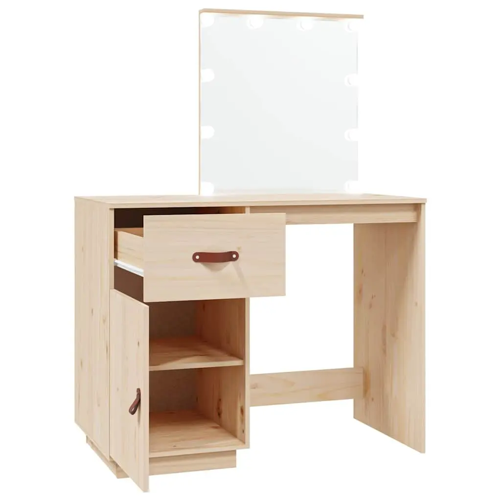 Dressing Table Makeup Vanity Desk with LED Mirror Brown Solid Pine Wood