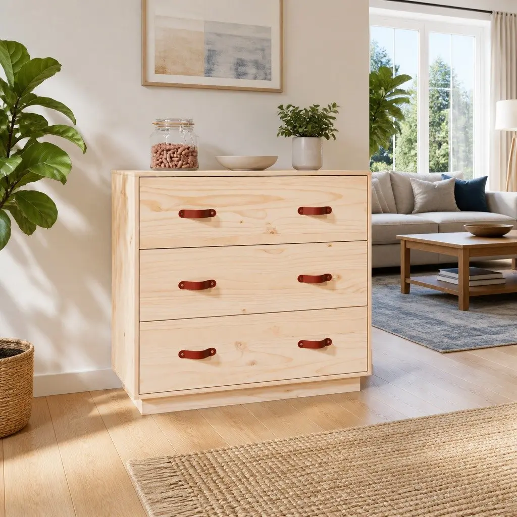Sideboard Storage Cabinet Solid Pine Wood 3 Drawers Brown 80W x 40D x 75H cm