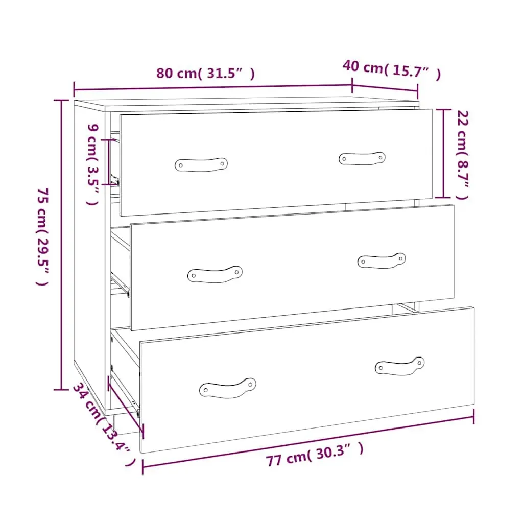 Sideboard Storage Cabinet Solid Pine Wood 3 Drawers Brown 80W x 40D x 75H cm
