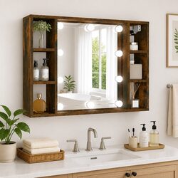 Mirror Cabinet with LED Lights Wall-Mounted Bathroom Storage Organizer Brown
