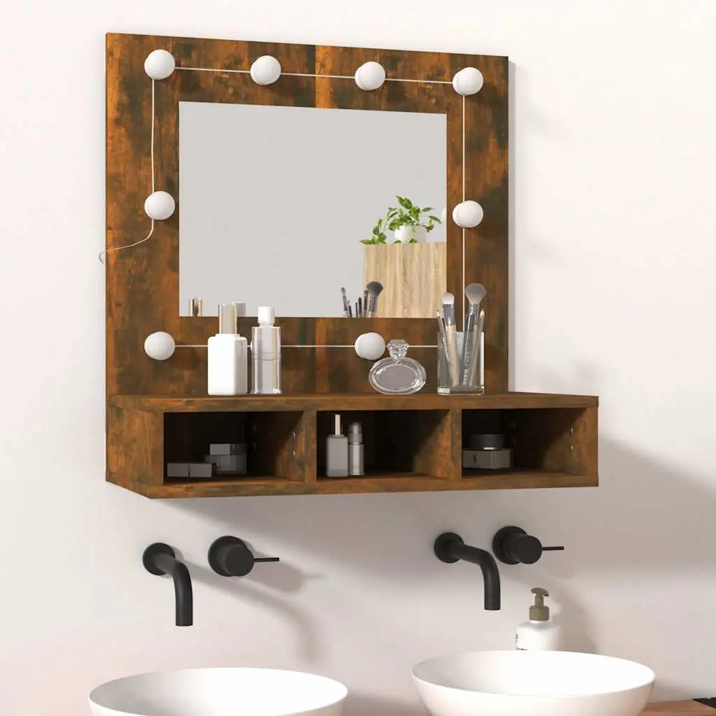 Mirror Cabinet LED Lights Bathroom Vanity Storage Shelf Unit Brown 60x31.5x62 cm