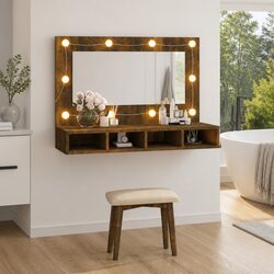 Bathroom Vanity Mirror Cabinet with LED Light Storage Shelves Brown 90x31.5x62cm