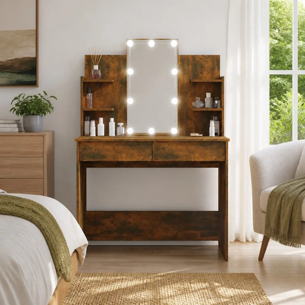 Dressing Table LED Mirror Storage Drawers Vanity Unit 96x40x142cm Brown