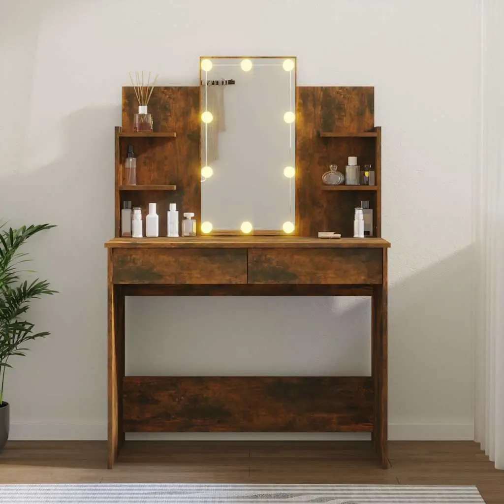 Dressing Table LED Mirror Storage Drawers Vanity Unit 96x40x142cm Brown