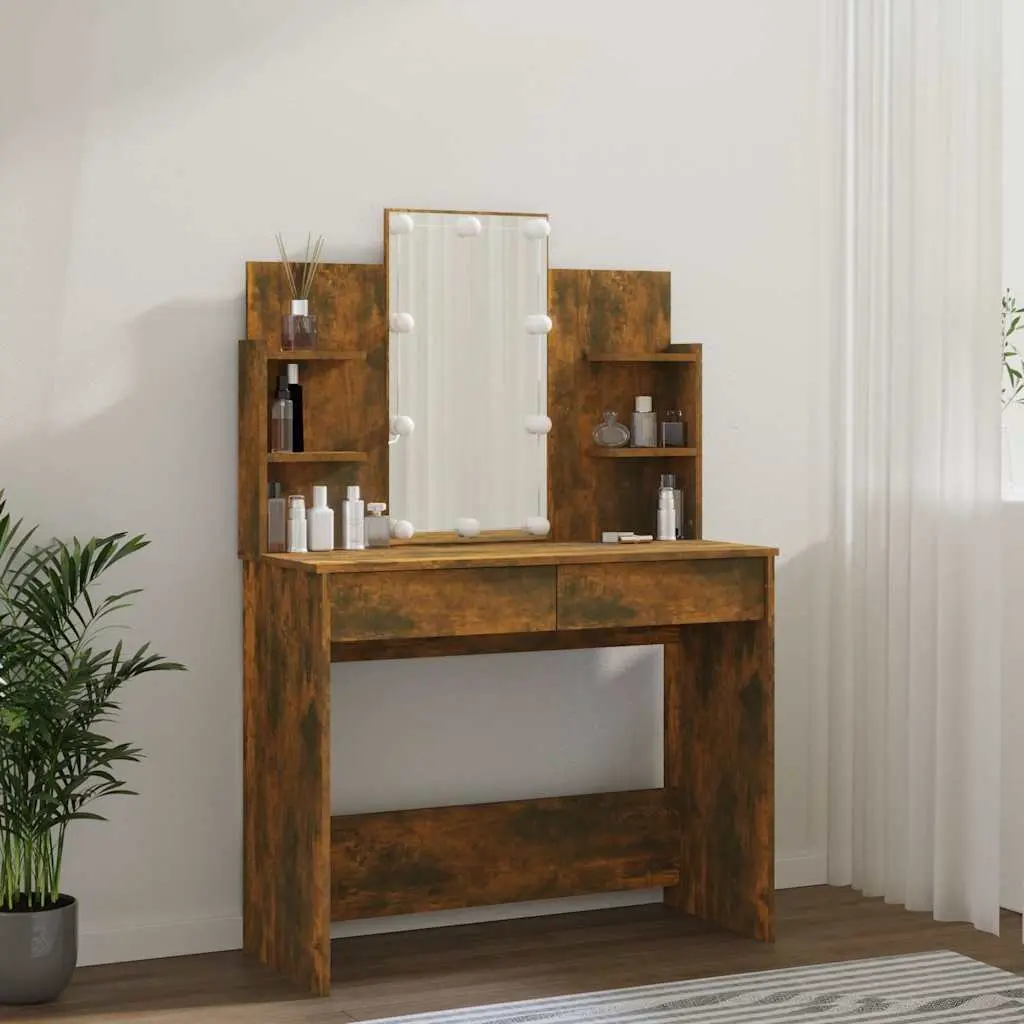 Dressing Table LED Mirror Storage Drawers Vanity Unit 96x40x142cm Brown