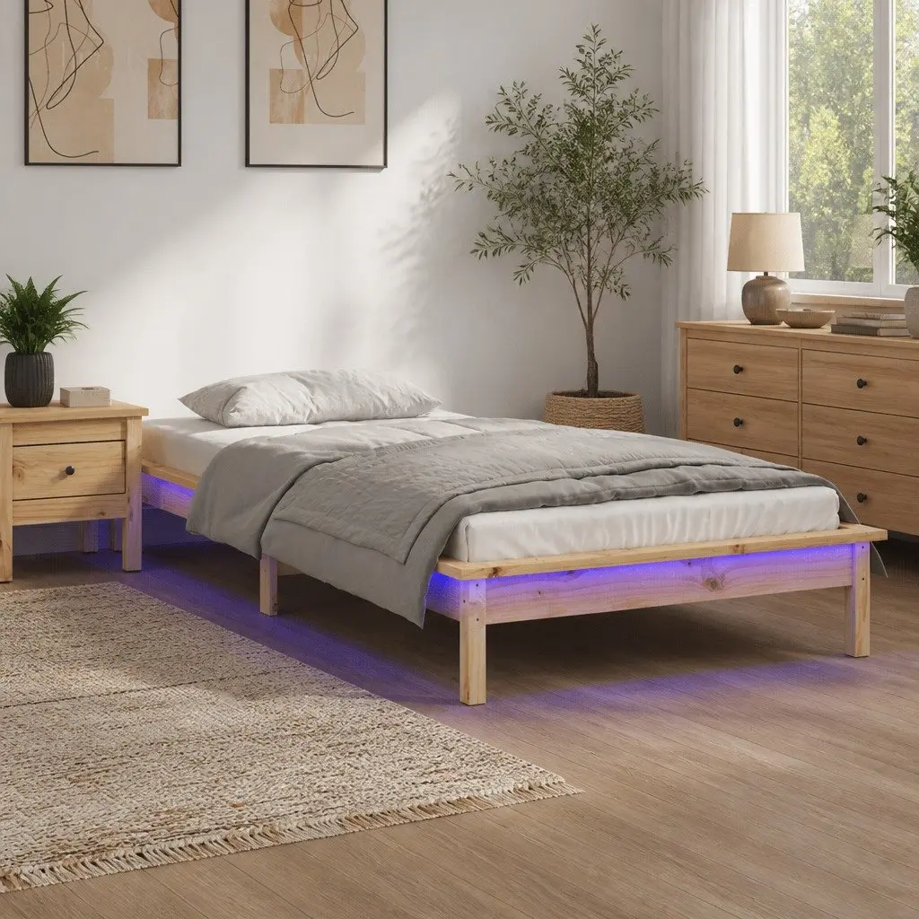 Wooden Bed Frame with LED Lights 90x190 cm Brown Slatted Base