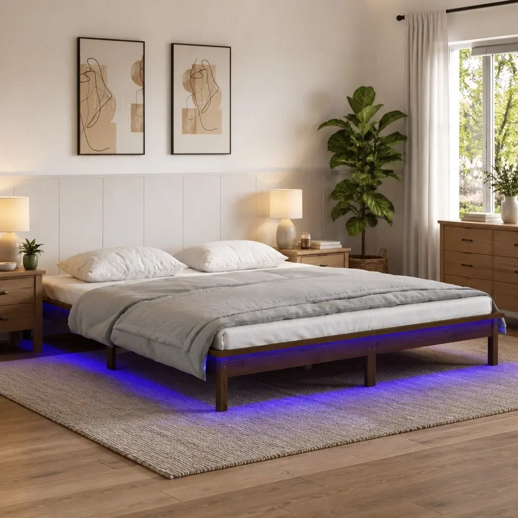 LED Bed Frame Honey Brown 135x190 cm Solid Pine Wood Bedroom Furniture