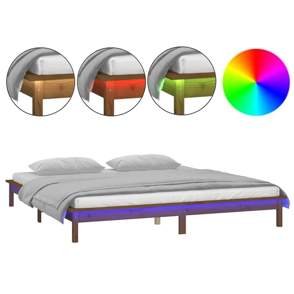 LED Bed Frame Honey Brown 135x190 cm Solid Pine Wood Bedroom Furniture