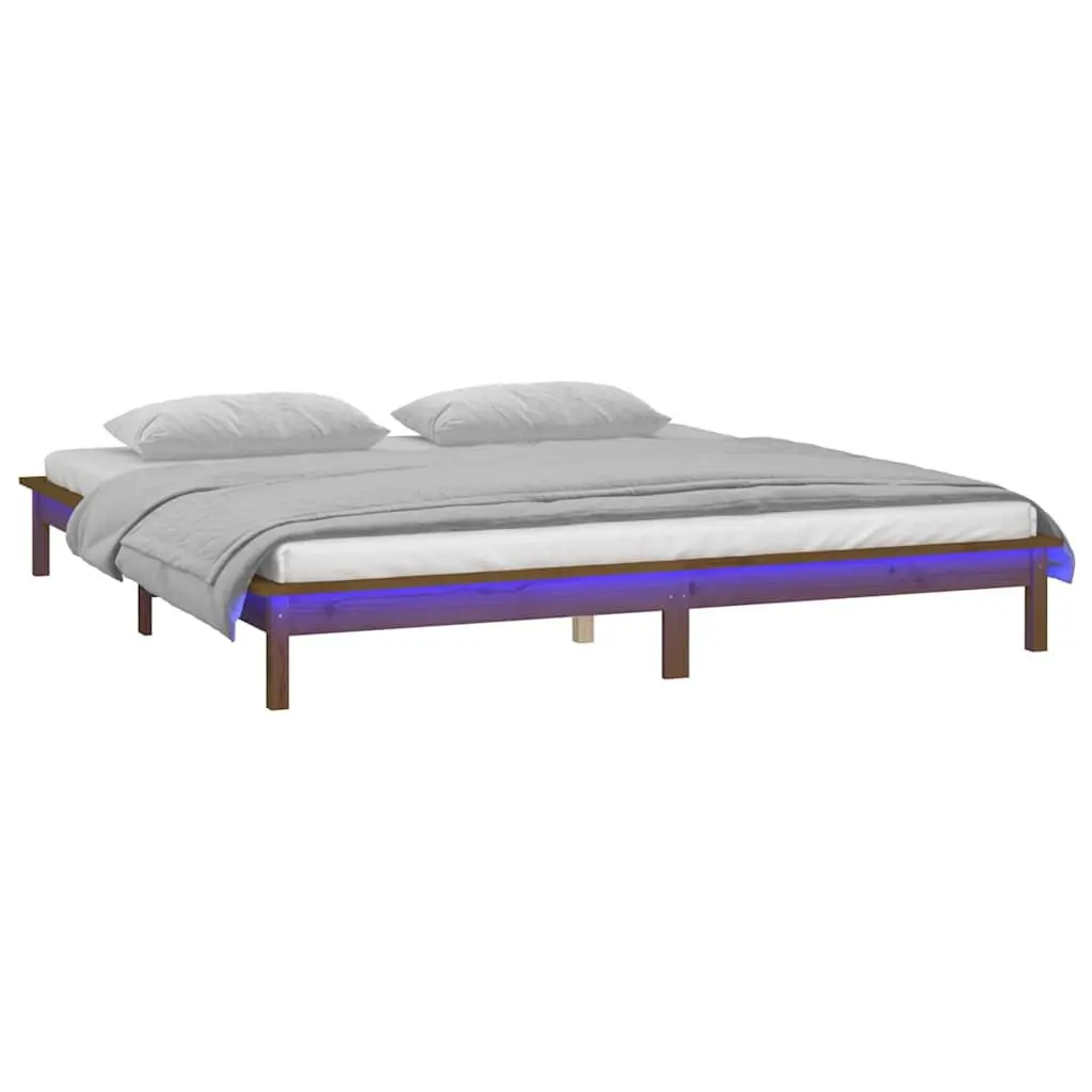 LED Bed Frame Honey Brown 135x190 cm Solid Pine Wood Bedroom Furniture
