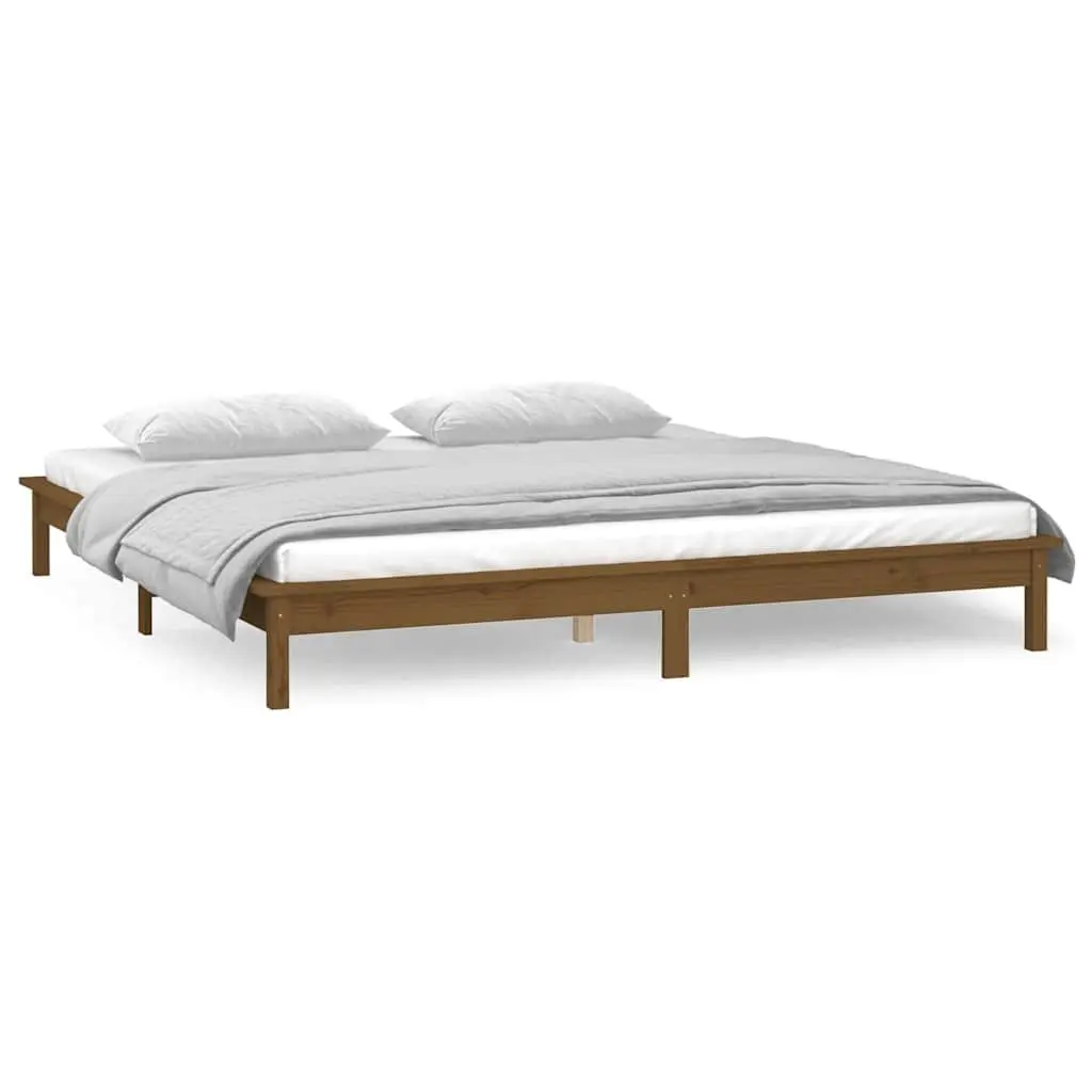 LED Bed Frame Honey Brown 135x190 cm Solid Pine Wood Bedroom Furniture