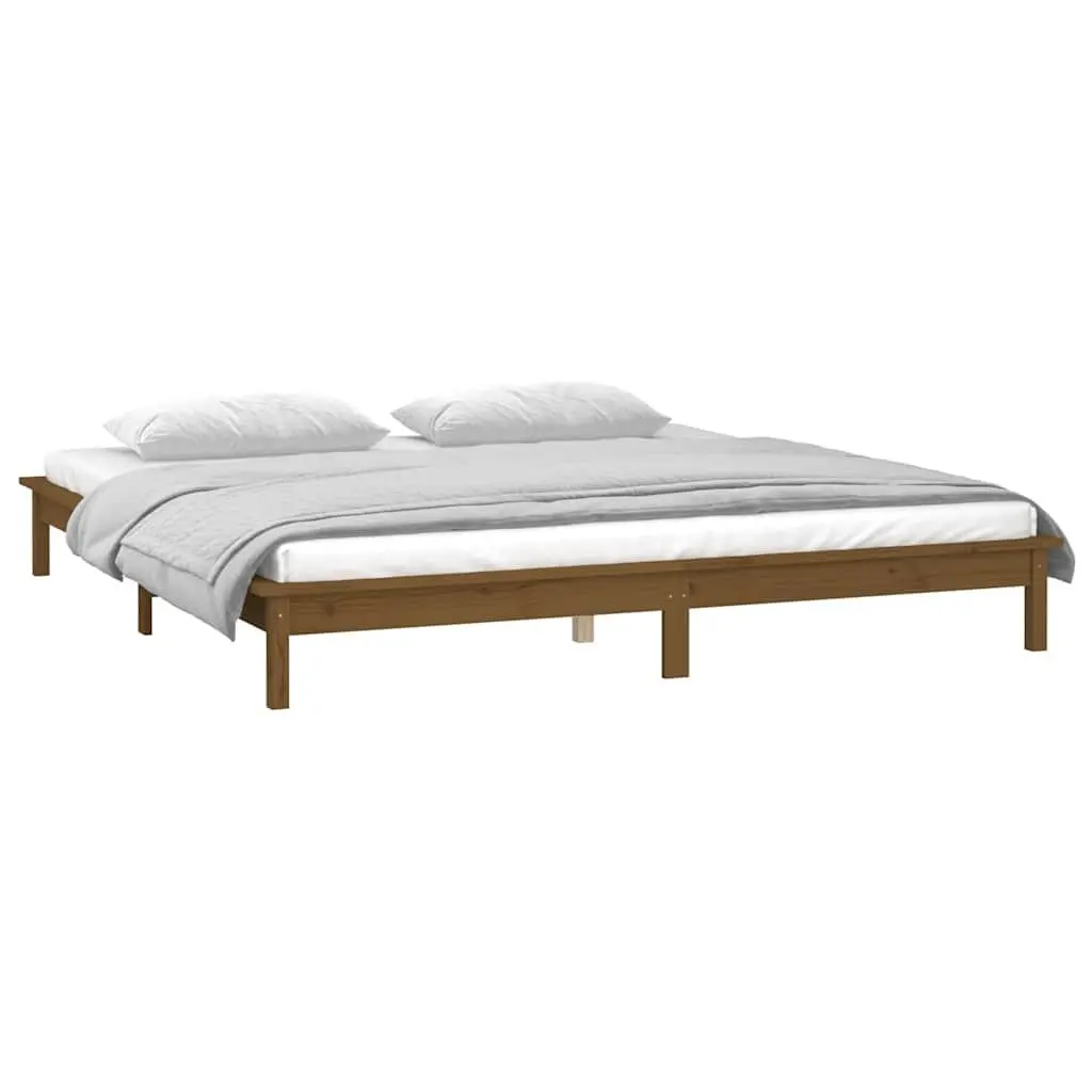 LED Bed Frame Honey Brown 135x190 cm Solid Pine Wood Bedroom Furniture