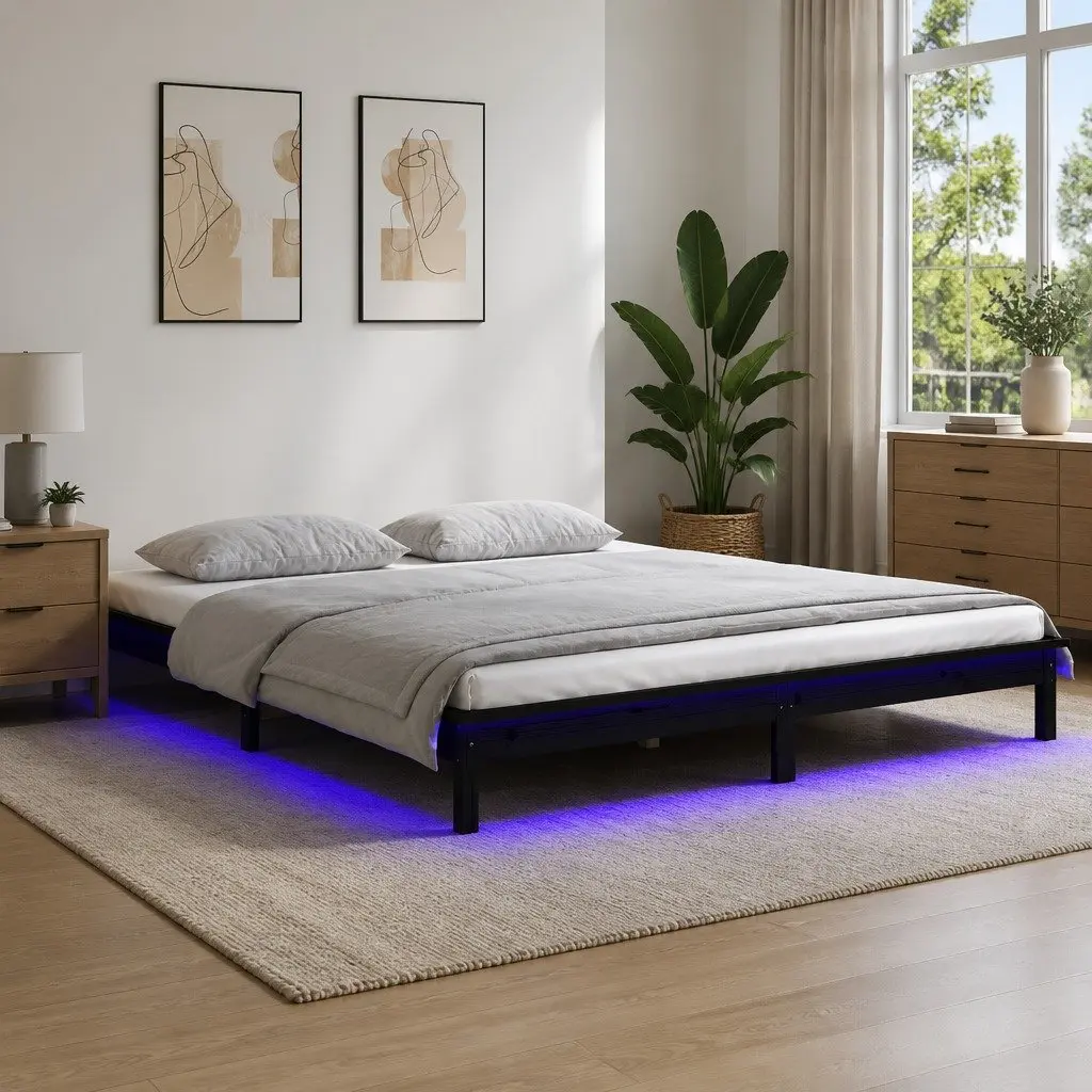 LED Bed Frame in Black Solid Wood 135x190 cm