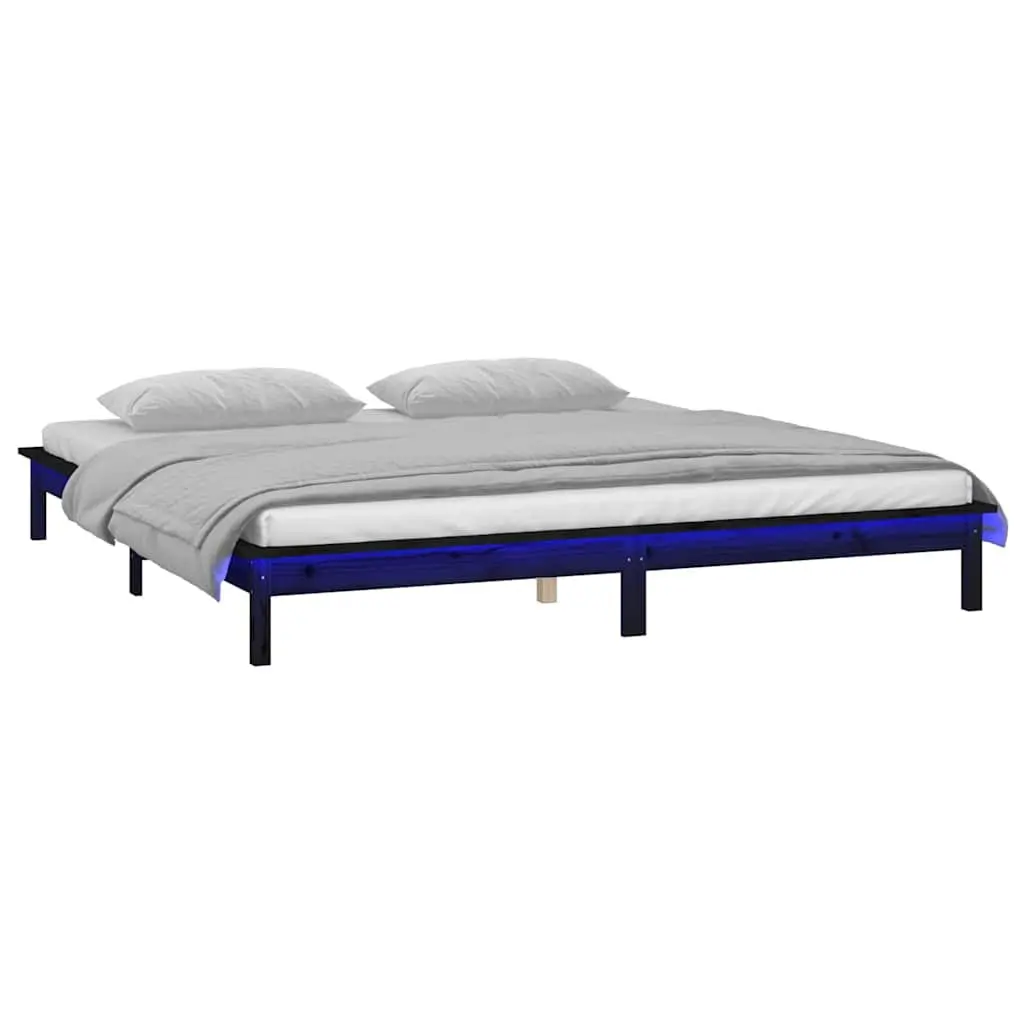 LED Bed Frame in Black Solid Wood 135x190 cm