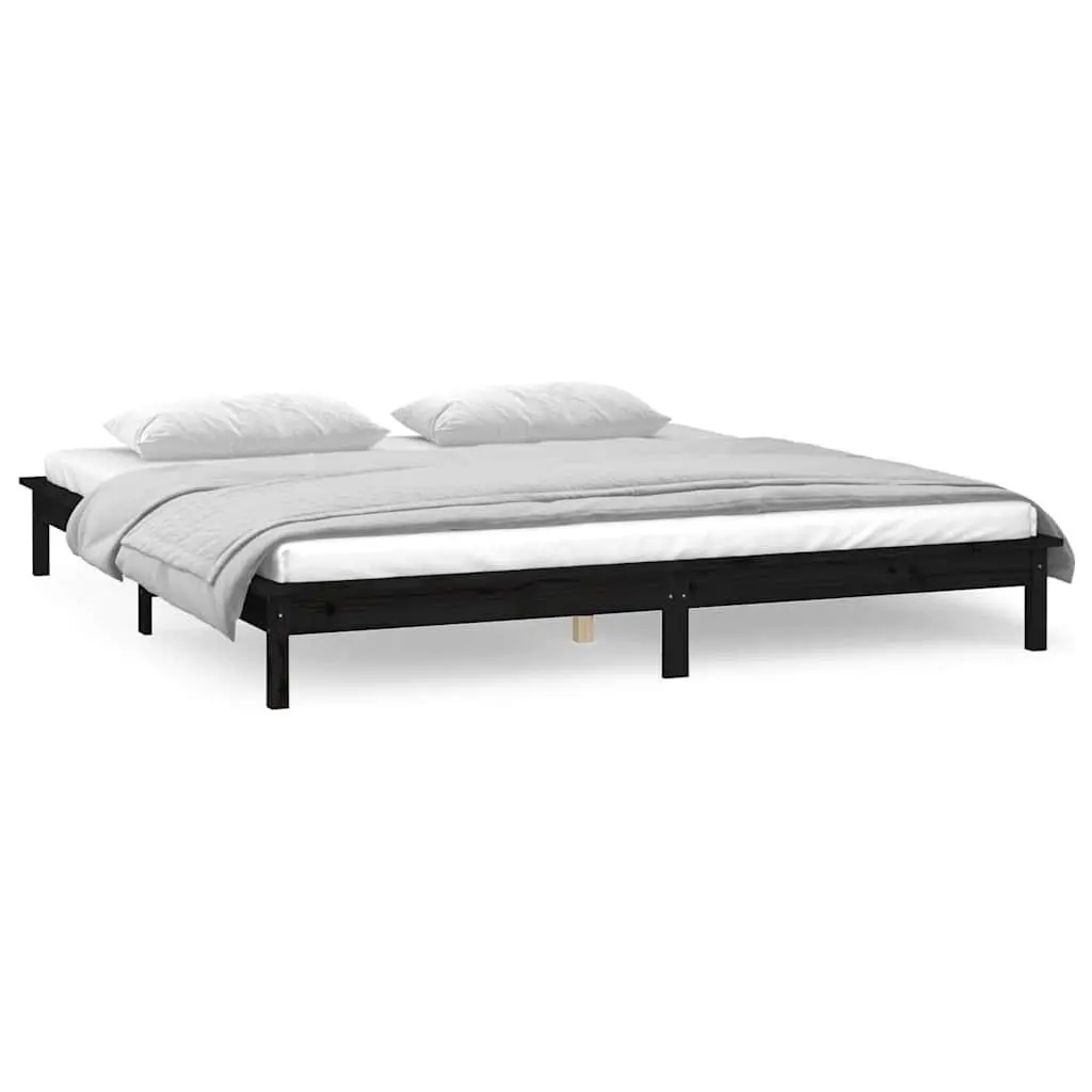 LED Bed Frame in Black Solid Wood 135x190 cm