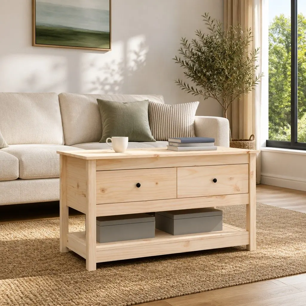 Coffee Table Storage Drawers Open Shelf 102x49x55cm Brown Solid Pine Wood