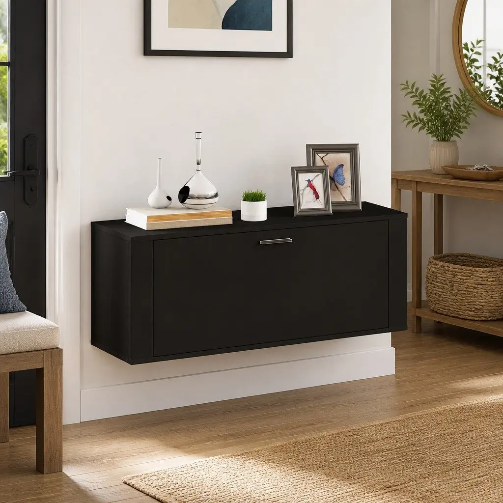 Wall Shoe Cabinet Black Engineered Wood Storage Organiser Drop-Down Door 100 x 35 x 38 cm