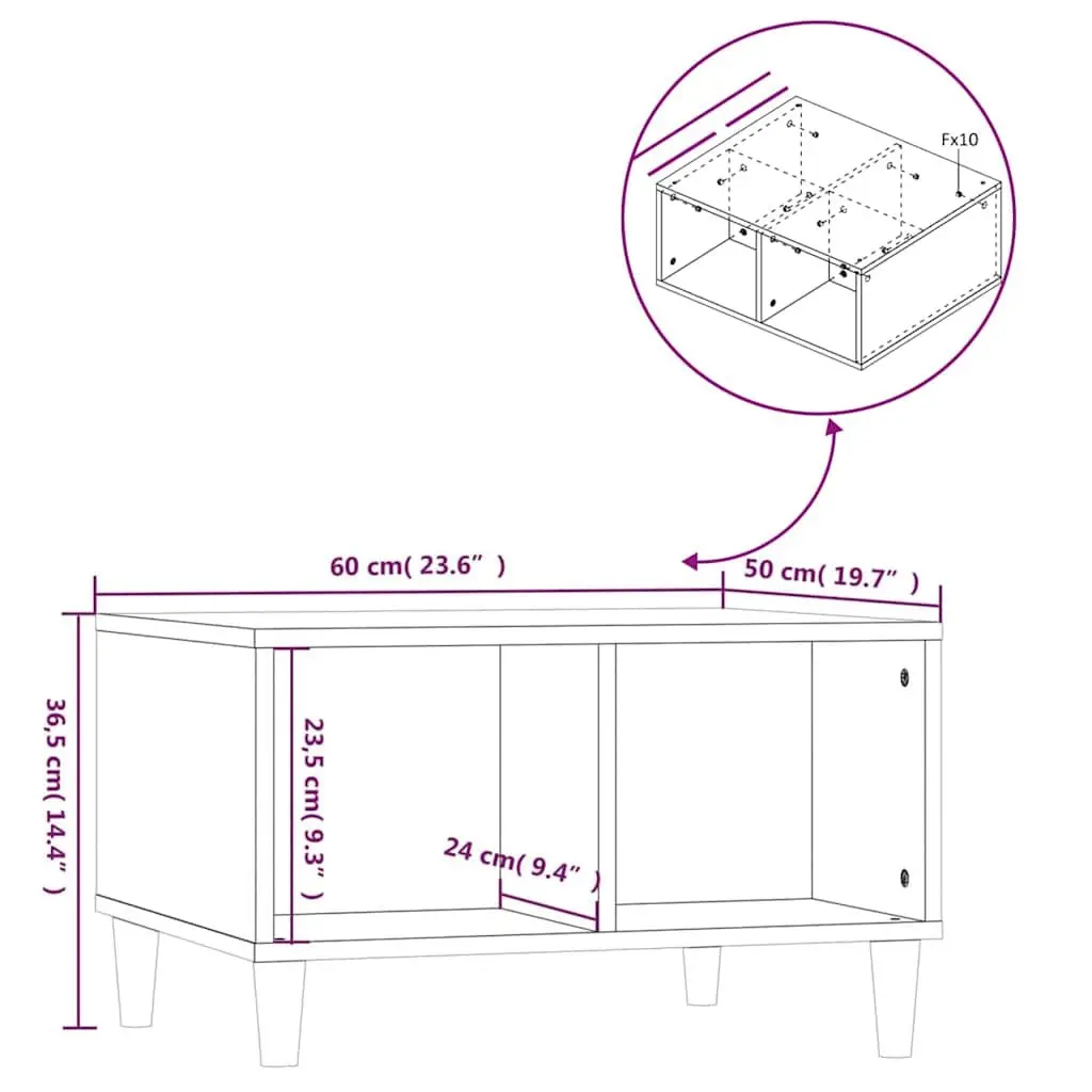 Coffee Table Storage Open Compartments 60L x 50W x 36.5H cm Black Engineered Wood Scandinavian Style