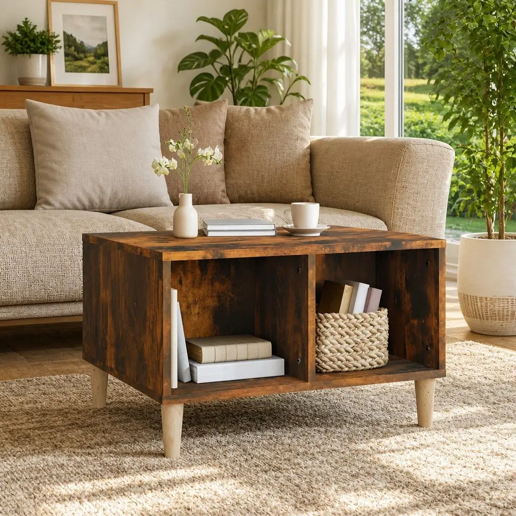 Coffee Table Scandinavian Style Open Storage Compartments 60 x 50 x 36.5 cm Brown Smoked Oak
