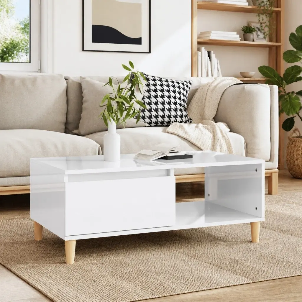 Coffee Table Storage Drawer Open Compartment 90x50x36.5cm High Gloss White