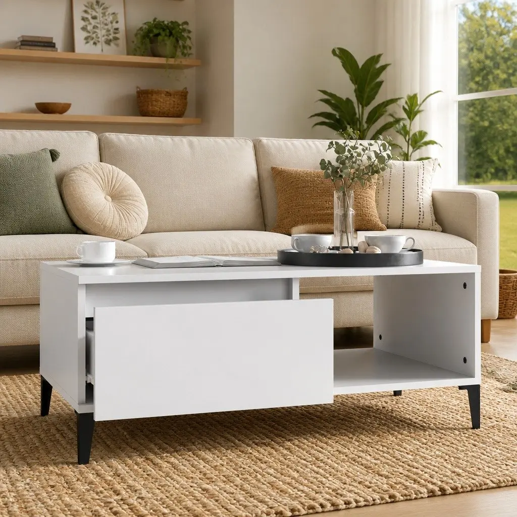 Coffee Table Storage Drawer Open Compartment 90L x 50W x 36.5H cm White