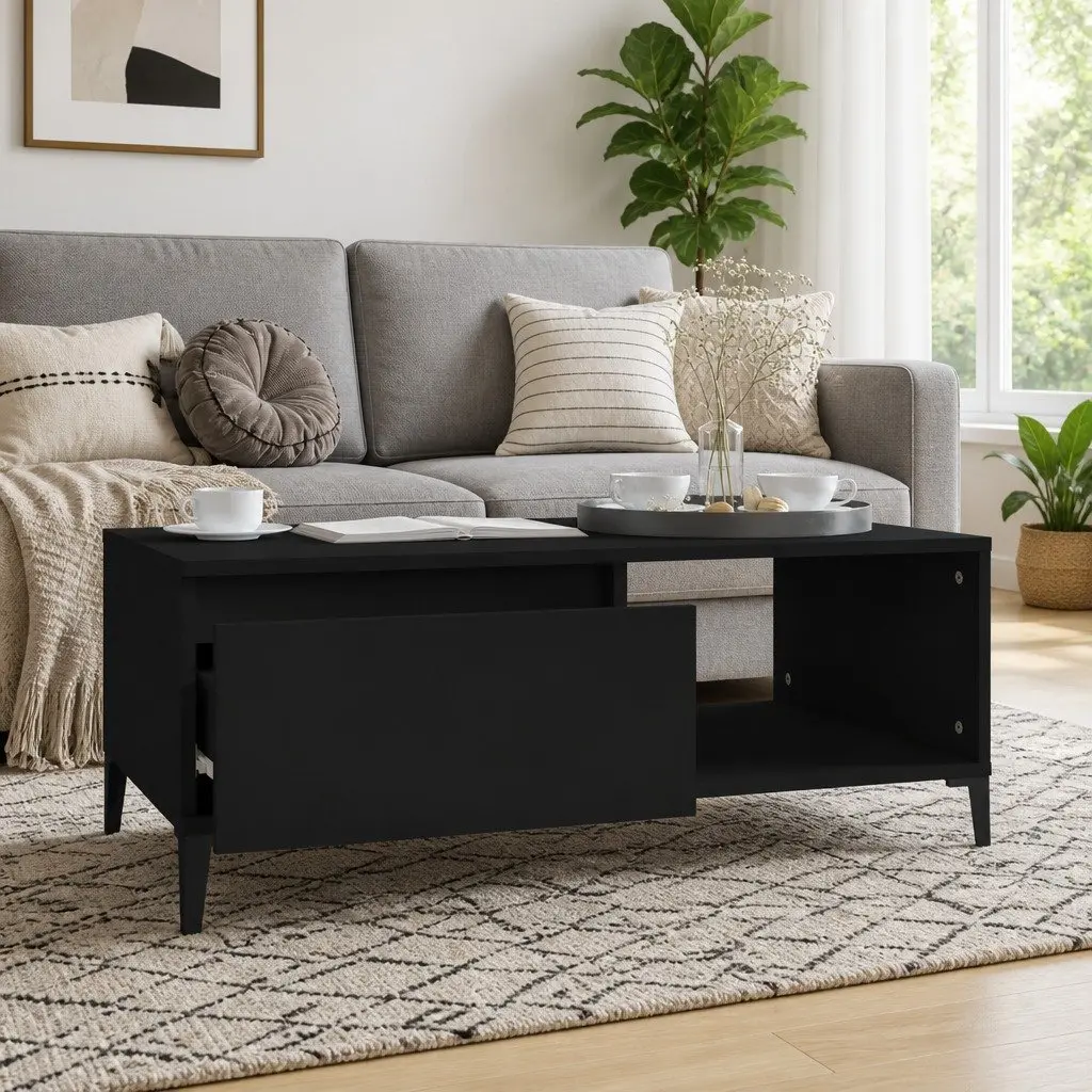 Coffee Table Black Industrial Storage 1 Drawer Open Compartment