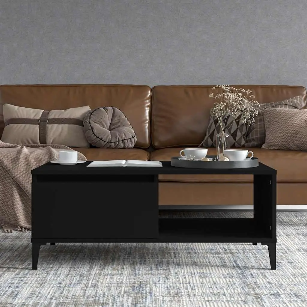 Coffee Table Black Industrial Storage 1 Drawer Open Compartment