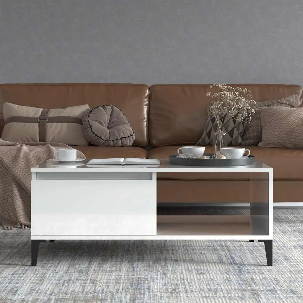 Coffee Table White High Gloss Storage Drawer Open Compartment Modern Side Table