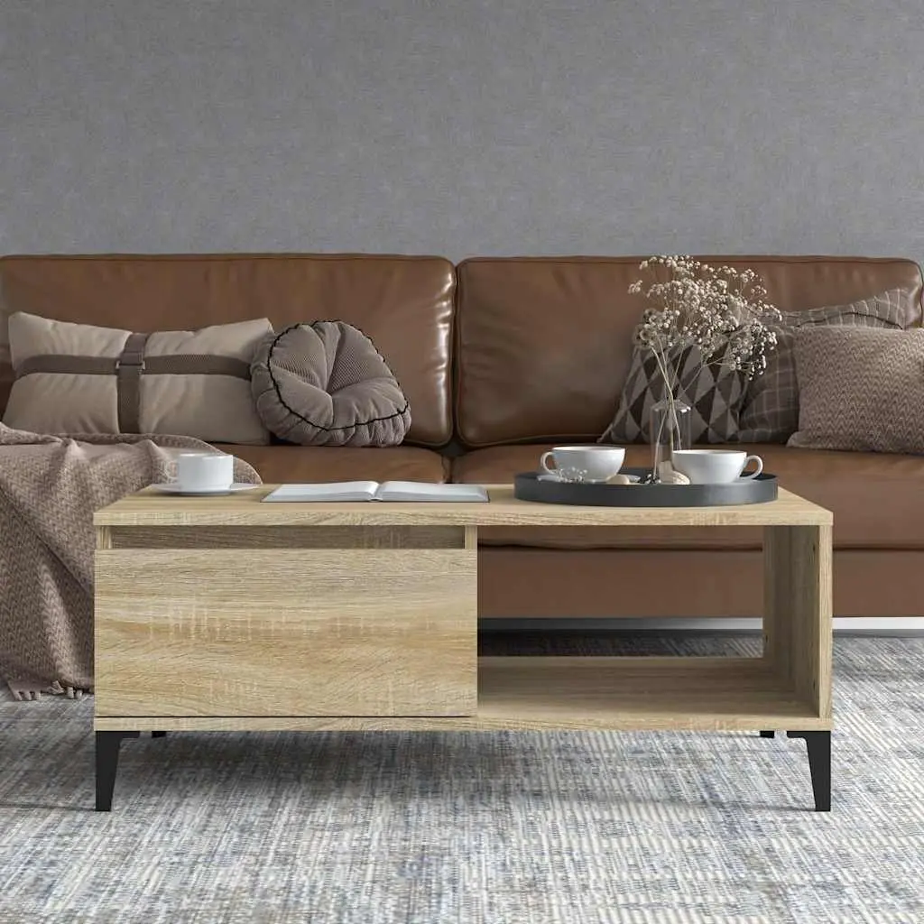 Coffee Table Brown Storage Drawer Open Compartment Engineered Wood Side Table