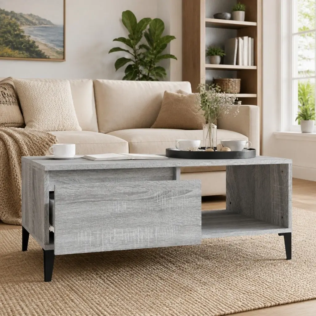 Coffee Table Grey Storage Drawer Open Compartment 90 x 50 x 36.5 cm