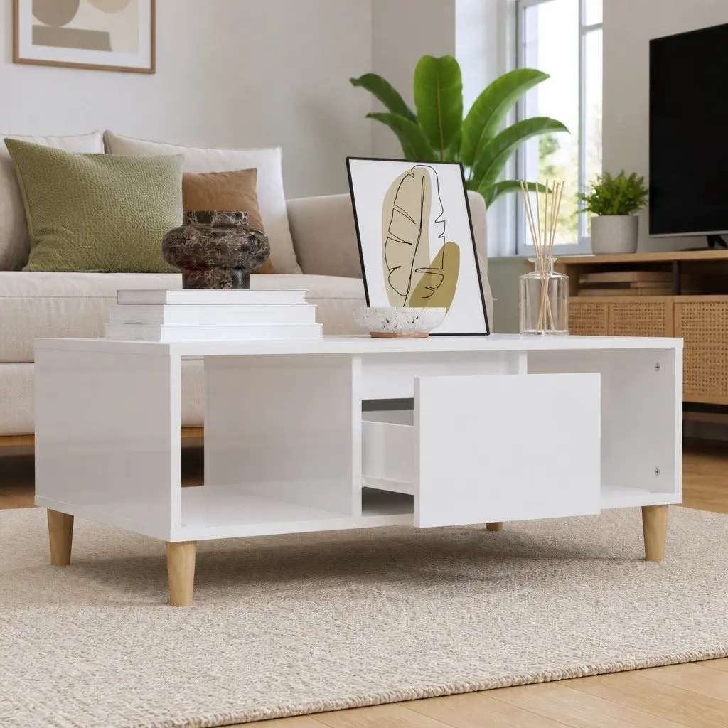 Coffee Table High Gloss White Storage Compartments Drawer Engineered Wood 90L x 50W x 36.5H cm