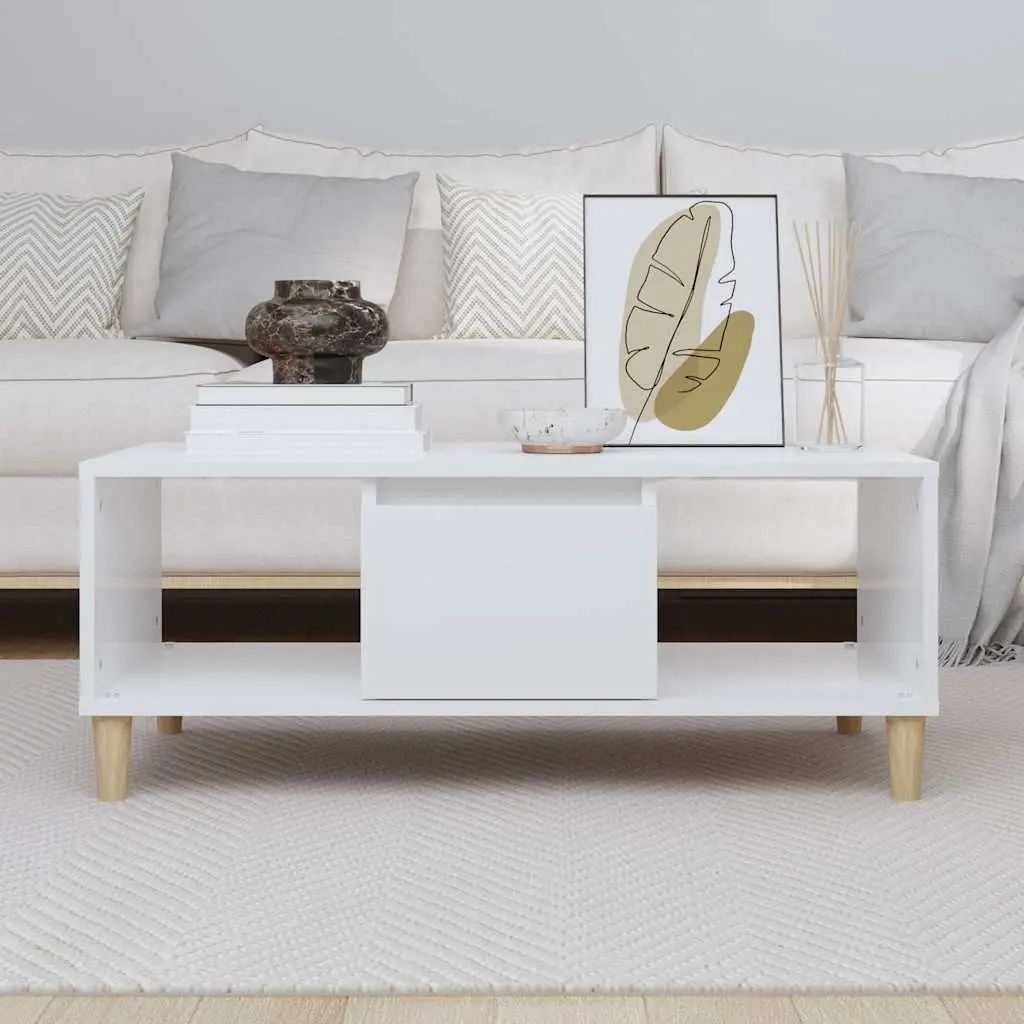 Coffee Table High Gloss White Storage Compartments Drawer Engineered Wood 90L x 50W x 36.5H cm