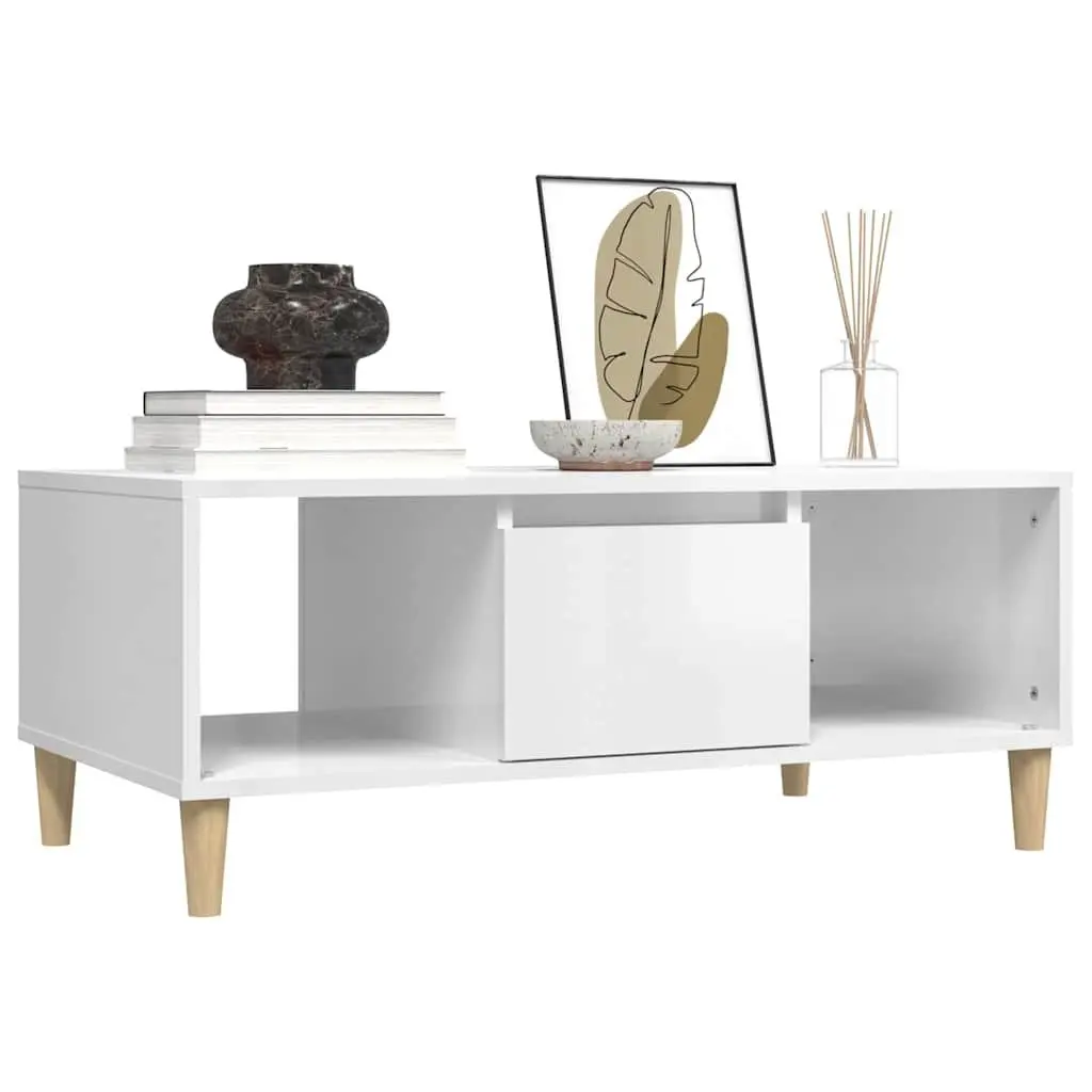 Coffee Table High Gloss White Storage Compartments Drawer Engineered Wood 90L x 50W x 36.5H cm