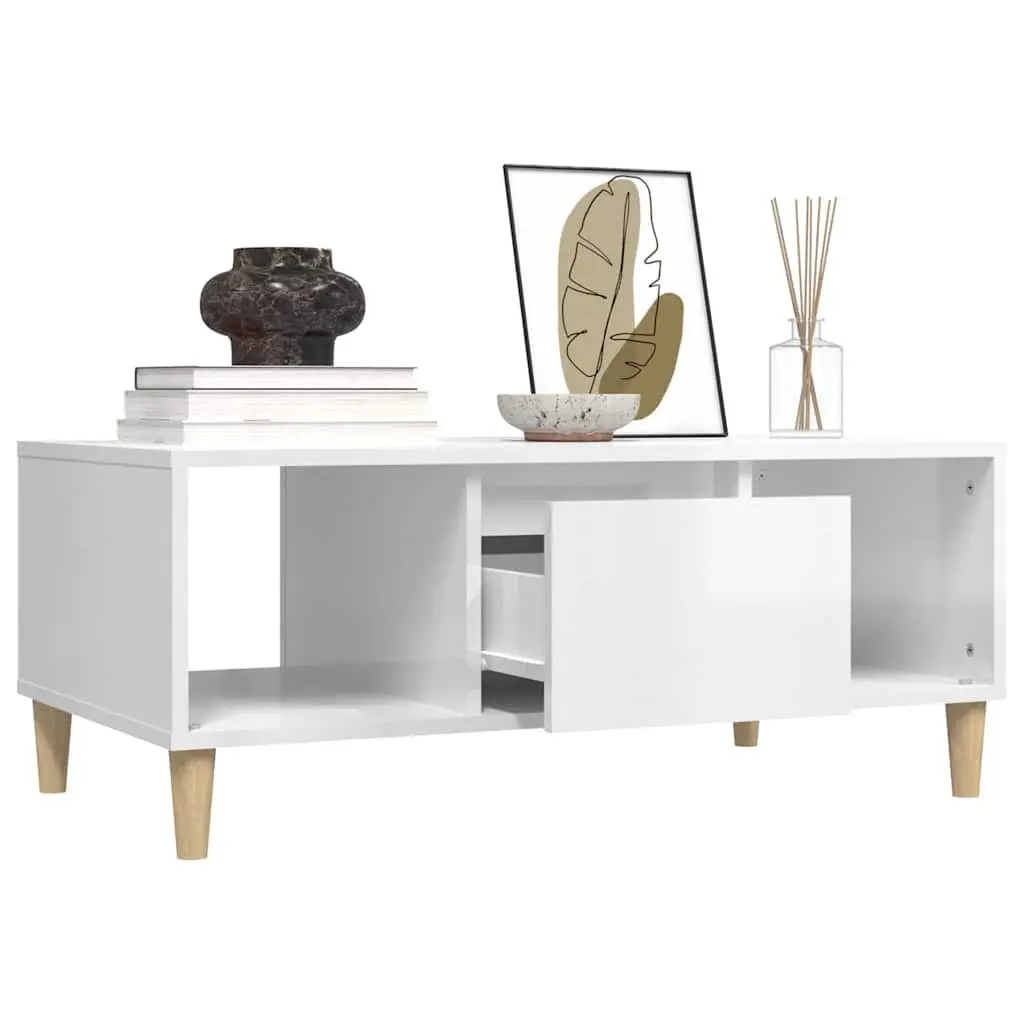 Coffee Table High Gloss White Storage Compartments Drawer Engineered Wood 90L x 50W x 36.5H cm