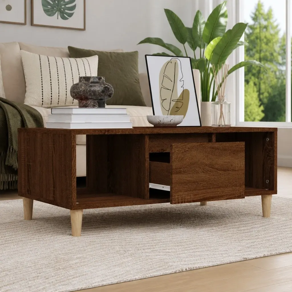 Coffee Table Brown Oak 90x50x36.5cm Open Compartments Drawer Storage