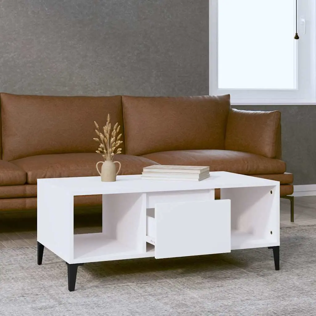 Coffee Table White Storage Drawer Open Compartments Engineered Wood Accent