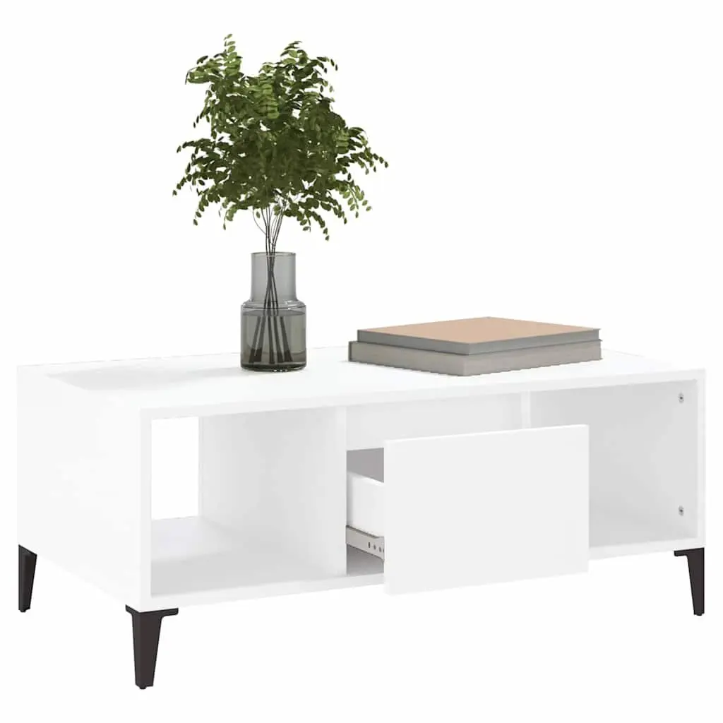 Coffee Table White Storage Drawer Open Compartments Engineered Wood Accent