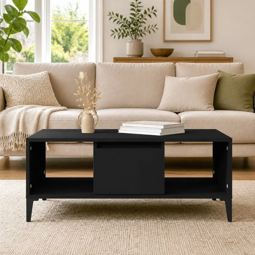Coffee Table Black Storage Drawer Open Compartments Modern 90L x 50W x 36.5H cm