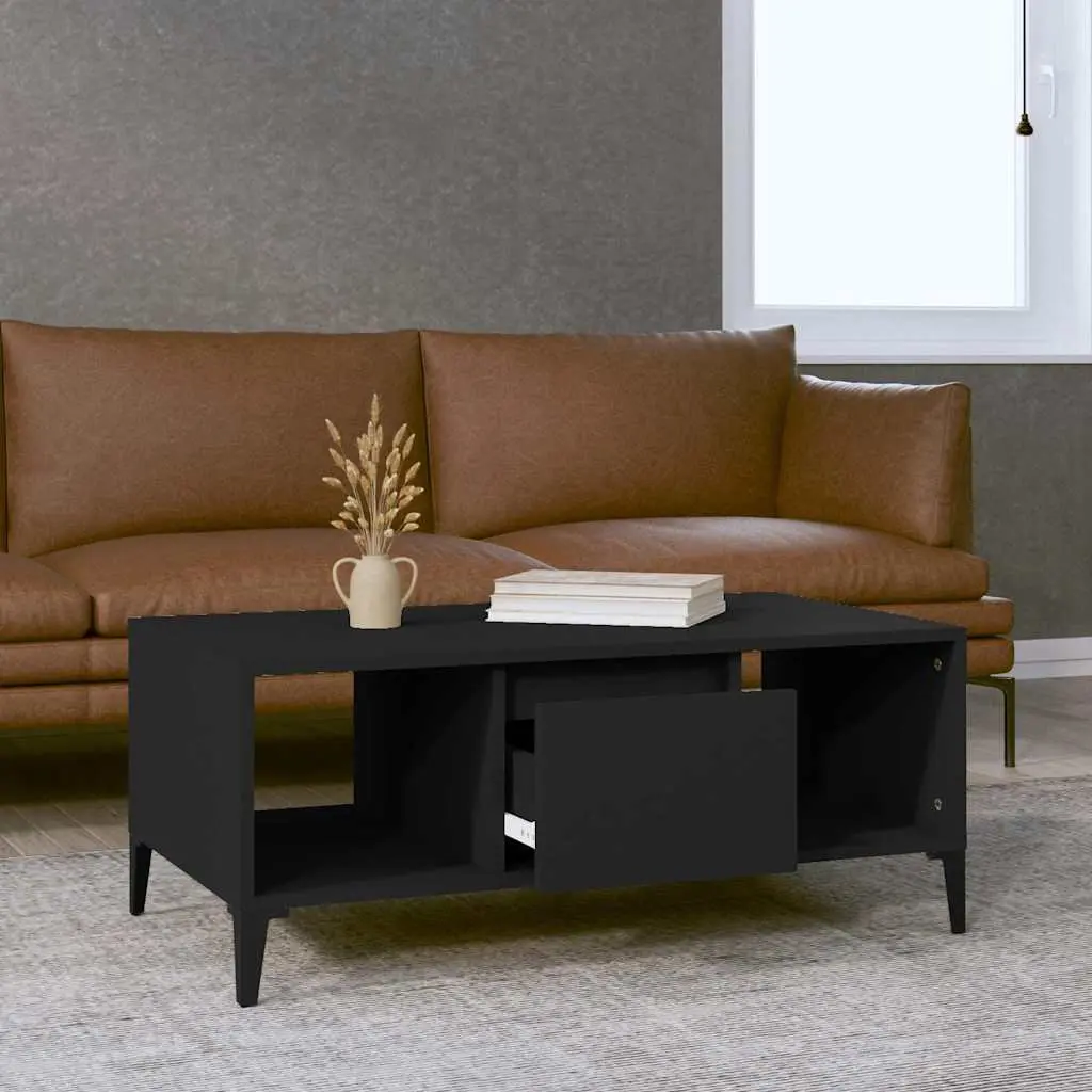 Coffee Table Black Storage Drawer Open Compartments Modern 90L x 50W x 36.5H cm