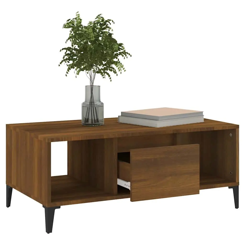 Coffee Table with Storage Drawer Open Compartments Brown Oak 90x50x36.5 cm
