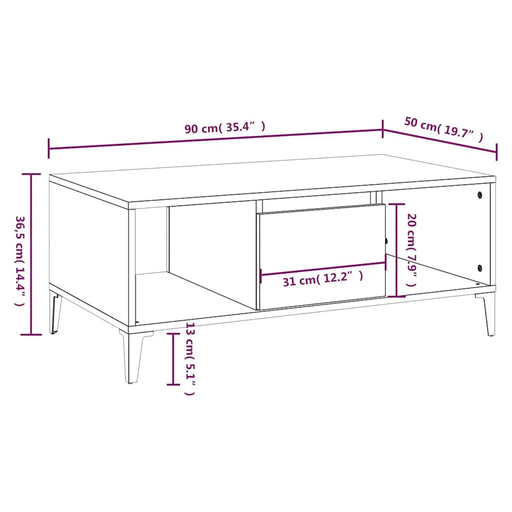 Coffee Table with Storage Drawer Open Compartments Brown Oak 90x50x36.5 cm
