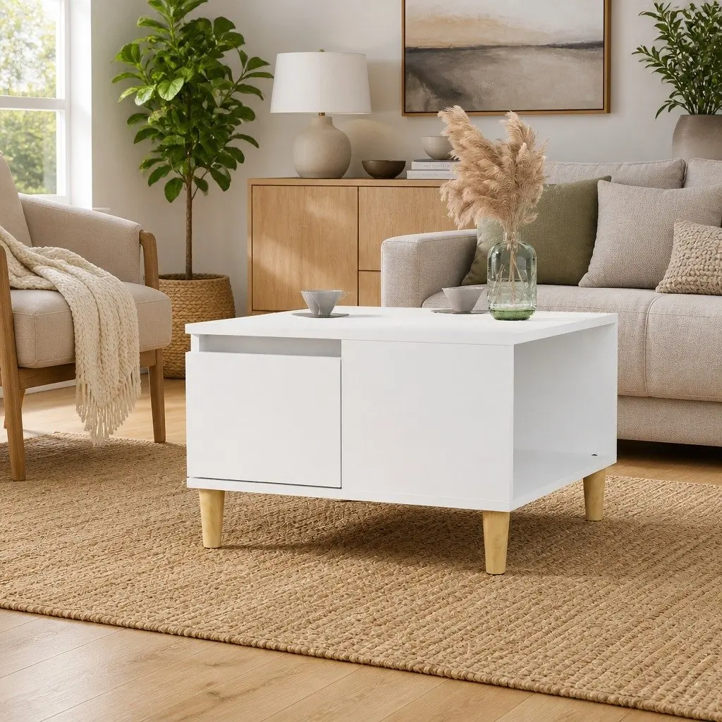 Coffee Table White Modern Living Room Accent Table with Drawer Storage 55 x 55 x 36.5 cm