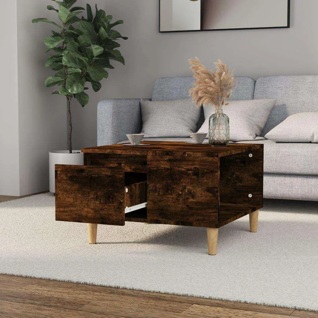 Coffee Table Smoked Oak 55x55x36.5cm with Storage Drawer Open Compartment
