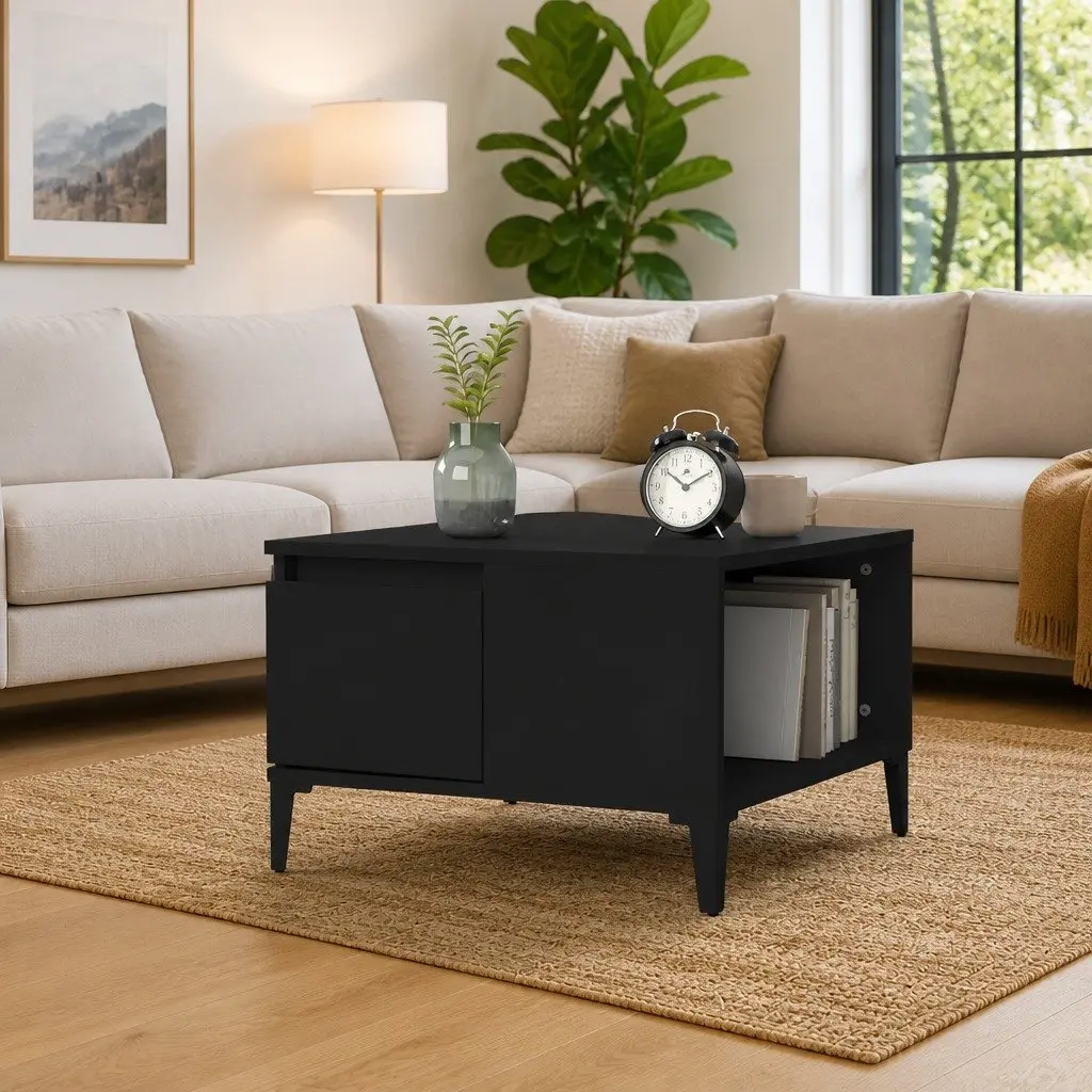 Coffee Table Storage Drawer Black Modern Living Room 55W x 55D x 36.5H cm