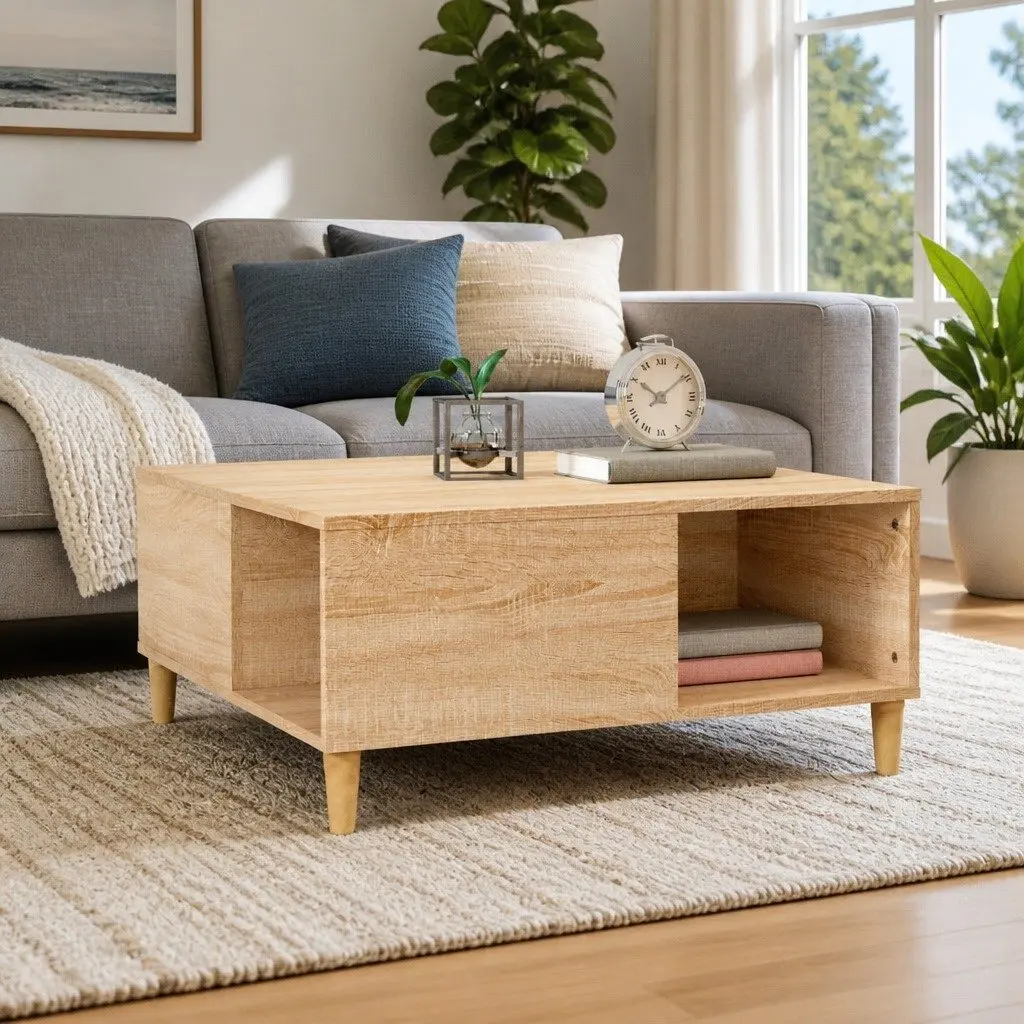 Coffee Table Brown Engineered Wood Storage Compartments Minimalist Design