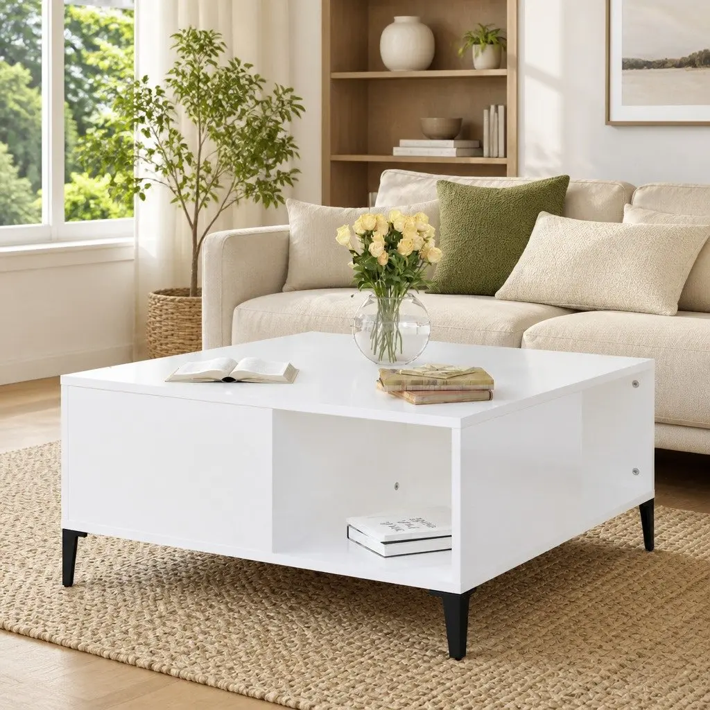 Coffee Table Storage Compartments 80x80x36.5cm White High Gloss Engineered Wood