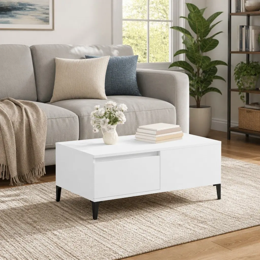 Coffee Table White Storage Drawer Modern Living Room Accent Furniture 90x50cm